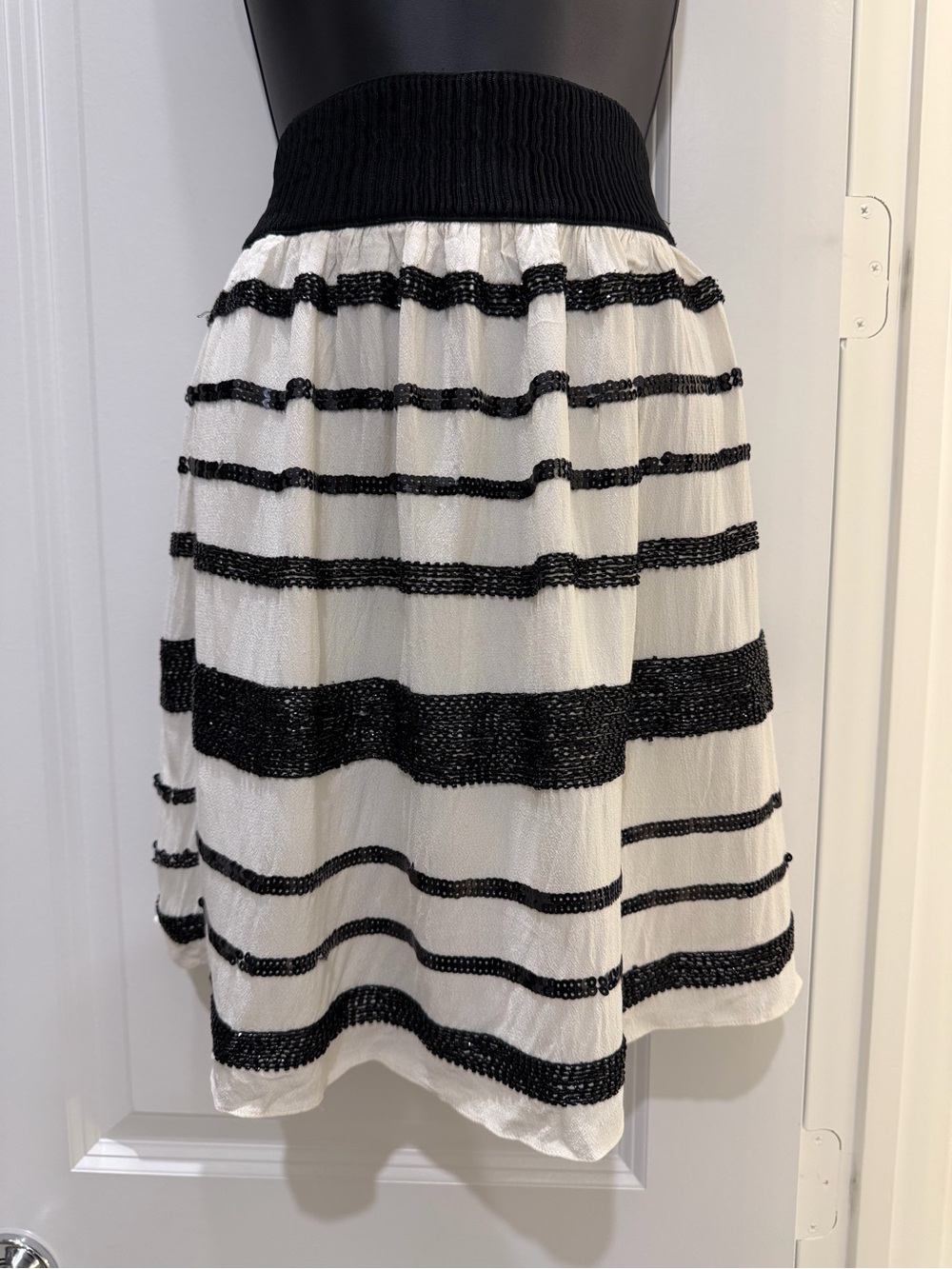 Anthropologie Maeve Beaded Sequin Striped Midi Skirt Black Ivory M